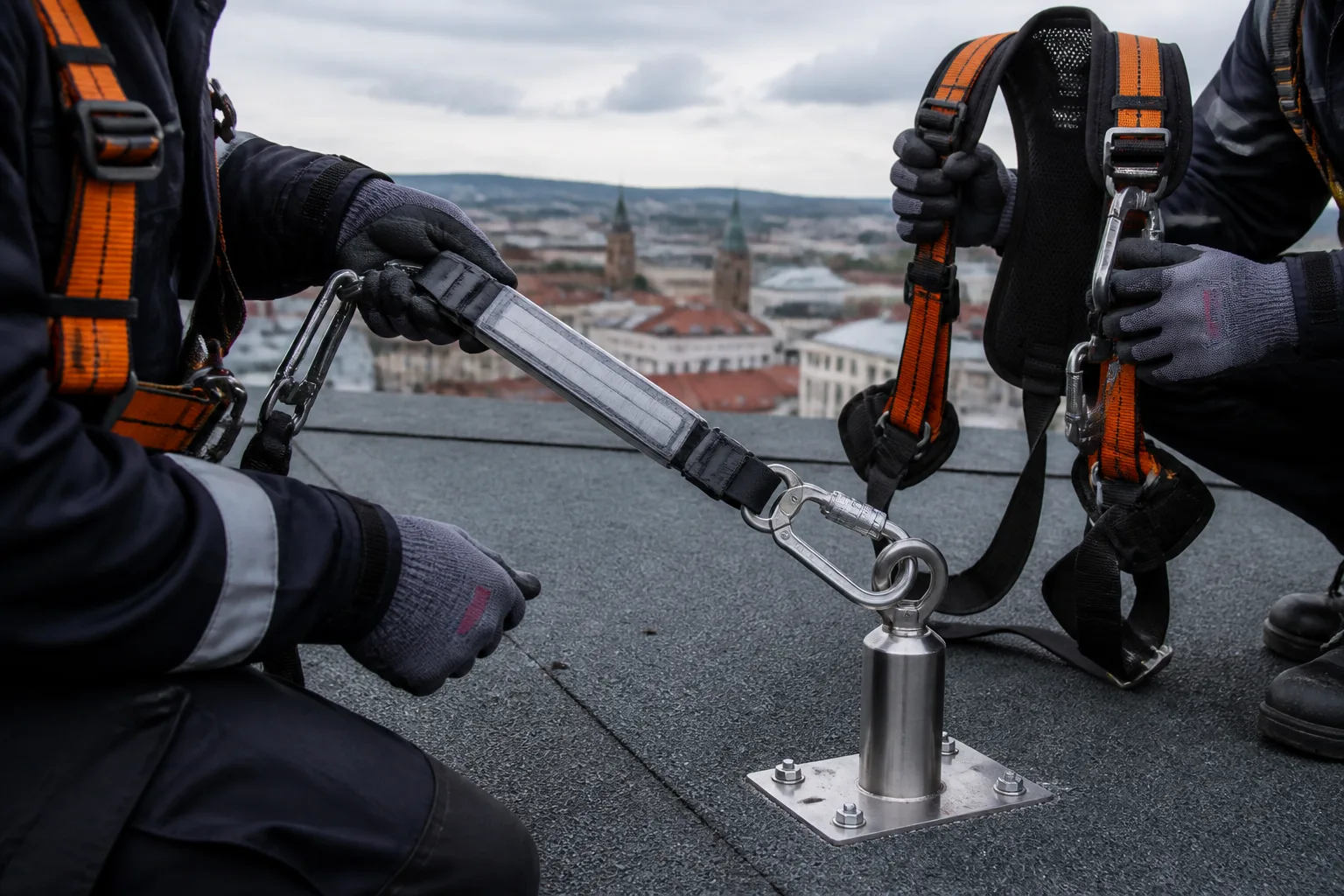 Kontrola celotělového postroje a kotevního bodu na střeše