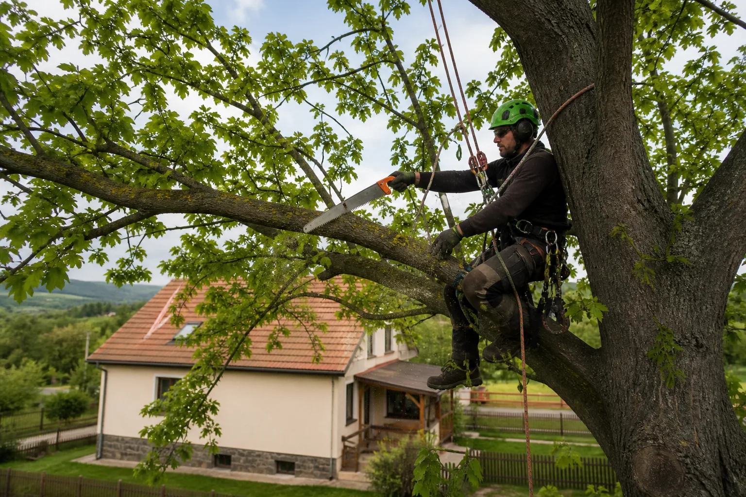 Jak ořezat strom u domu: bezpečný postup — arborista při řezu u rodinného domu
