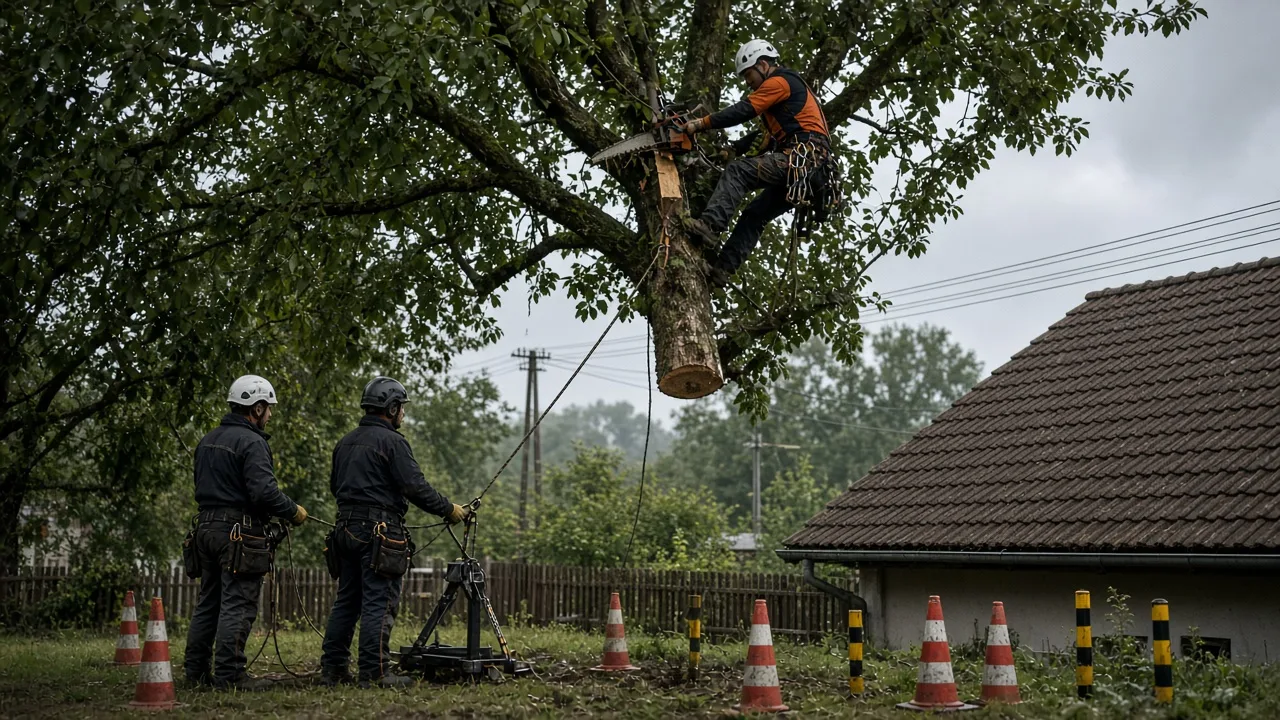 Spouštění odříznuté části kmene na laně vedle střechy rodinného domu