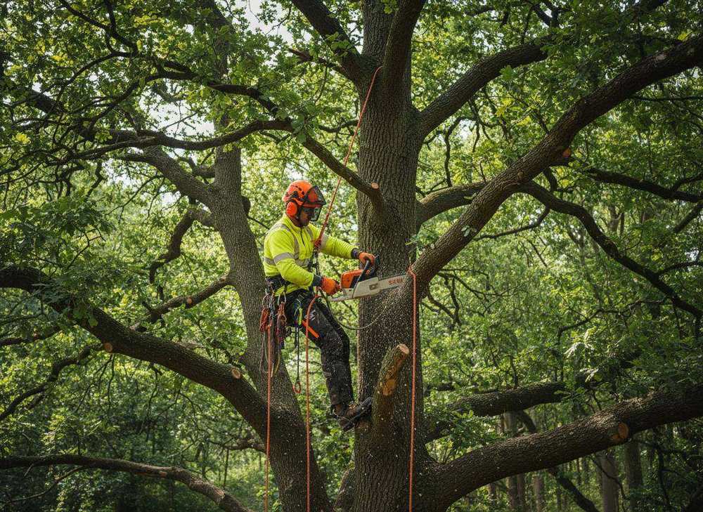 Arborista s motorovou pilou při bezpečném prořezu koruny stromu