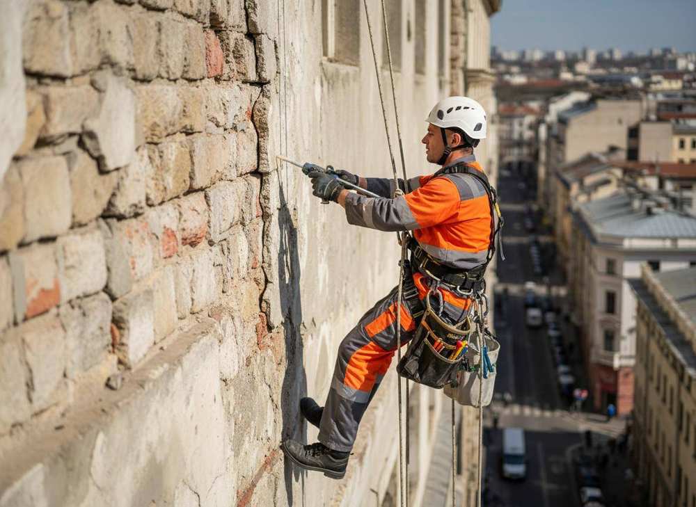 Specialista odstraňuje graffiti z fasády pomocí tlakového čističe